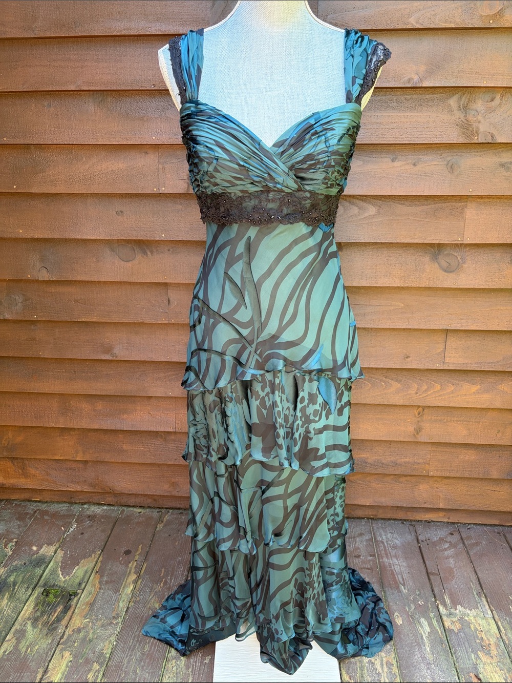 JS Collections Teal and Black Ruffled Evening Gown